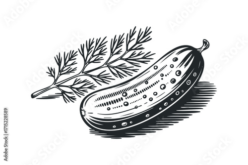 Sketch of a fresh cucumber and dill sprig on transparent background. Vector hand drawn