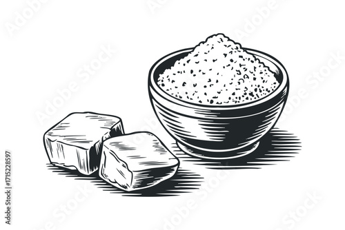 Woodcut Style Bowl of Granulated Sugar and Cube Sugar. Vector hand drawn