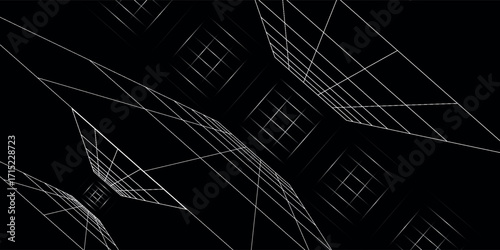 Abstract geometric tunnel with glowing grid lines and perspective depth, creating a futuristic digital pattern background with symmetry and modern design.
