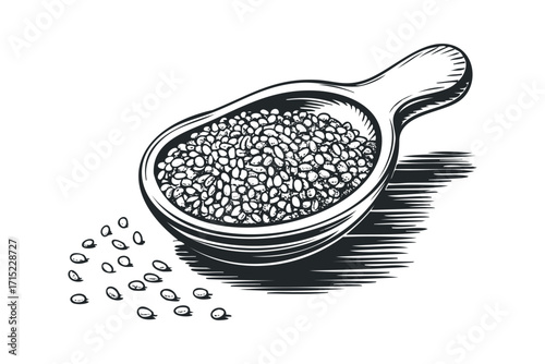 Wooden scoop filled with beans and scattered beans on transparent background. Vector hand drawn