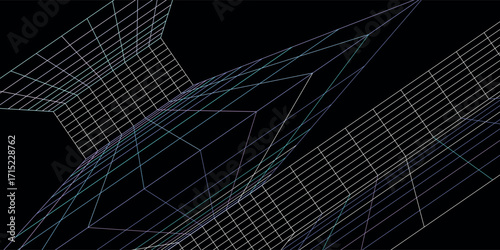 Futuristic wireframe grid with abstract geometric shapes, digital landscape design, neon 3D perspective lines, modern technology background, and virtual network art.