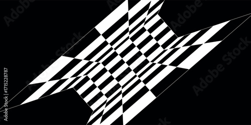 Bold abstract geometric pattern with sharp black and white stripes forming a modern optical illusion, perfect for backgrounds, design, or contemporary art projects.