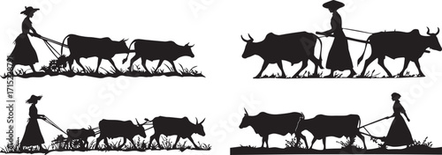 Silhouette of woman farmer plowing field with oxen vintage farming illustration