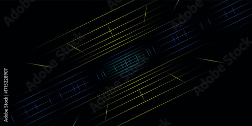 Abstract futuristic tunnel with glowing yellow and blue neon lines, digital corridor in sci-fi style perspective, perfect for technology, cyber, and virtual reality themes.