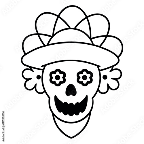 Creepy clown skull with joker hat illustration