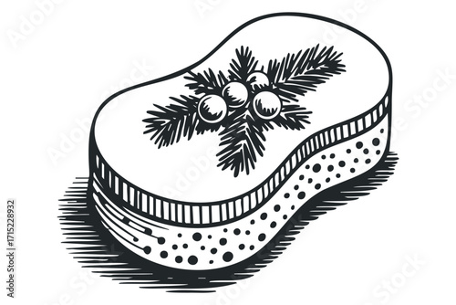 Holiday cake with pine needles and berries on transparent background. Vector hand drawn