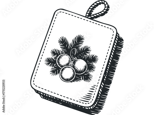 Christmas tag with pine sprigs and baubles. Vector hand drawn
