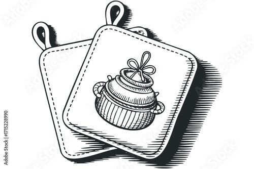 Two textile potholders with looped handles and a small pot graphic on transparent background. Vector hand drawn