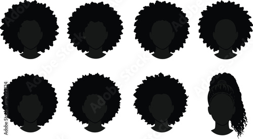 Black curly hair silhouette set, diverse afro hairstyles, textured hair vector, natural curls, coily hair icons, beauty illustration packBlack curly hair silhouette 