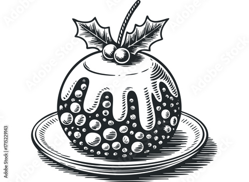 Christmas pudding with holly on plate. Vector hand drawn