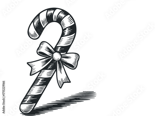 Christmas candy cane with bow on transparent background. Vector hand drawn