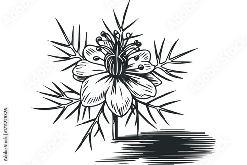 Ink drawing of a single delicate Nigella Damascena flower with sharp leaves. Vector hand drawn