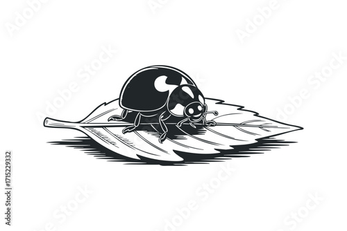 Charming Ladybug Resting on a Detailed Leaf. Vector hand drawn