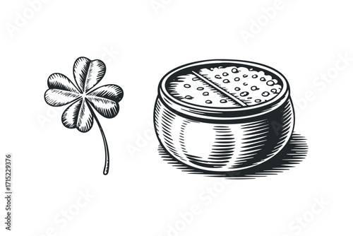 Four leaf clover and pot of gold on transparent background. Vector hand drawn