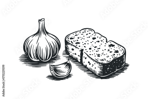 Garlic bulb and sliced bread with black speckles on transparent background. Vector hand drawn