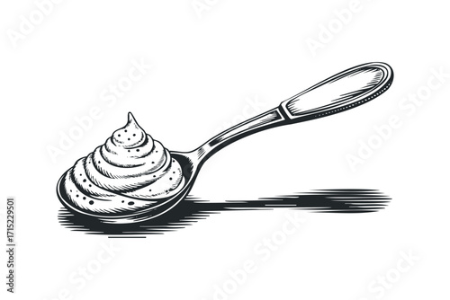 Engraved Spoon Filled With Whipped Cream Swirl, Transparent. Vector hand drawn