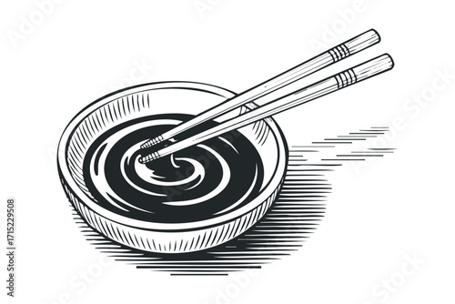 Chopsticks dipping into soy sauce bowl sketch. Vector hand drawn