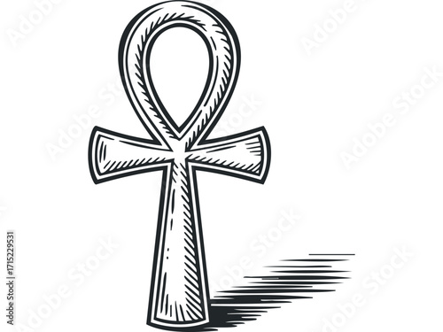 Ancient Egyptian Ankh Symbol with Hatching Detail. Vector hand drawn