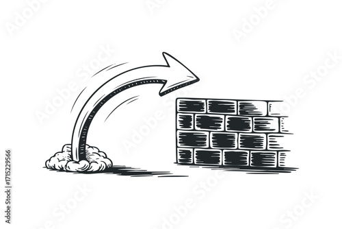 Arrow jumping over brick wall, concept of overcoming obstacles,. Vector hand drawn