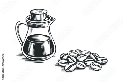 Espresso oil carafe and coffee beans illustration on transparent background. Vector hand drawn