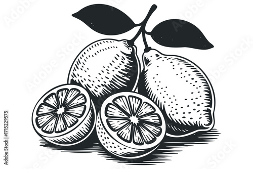 Pristine graphic of whole and halved citrus fruit with leaves on transparent background. Vector hand drawn
