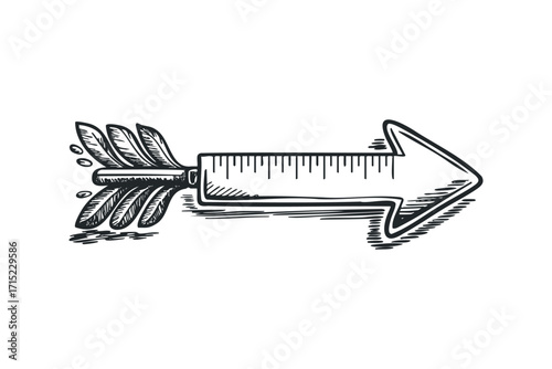 Arrow with ruler measurement and feather fletching on transparent. Vector hand drawn