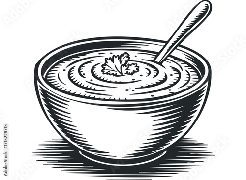 Bowl of soup with spoon and parsley garnish,. Vector hand drawn