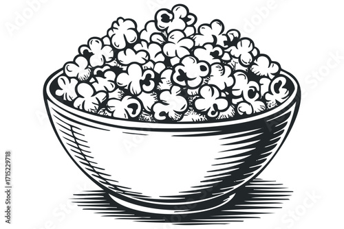 Vintage style bowl overflowing with popcorn. Vector hand drawn