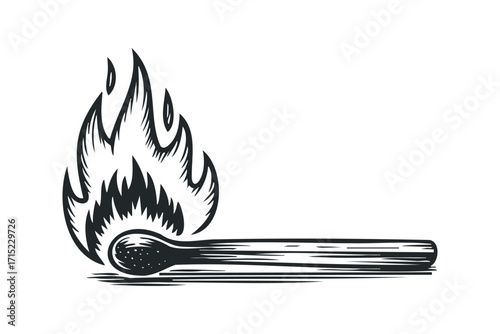 Burning matchstick with flame. Vector hand drawn