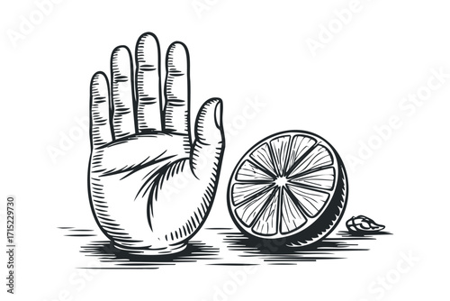 Open hand gesture with citrus slice and seed on white. Vector hand drawn