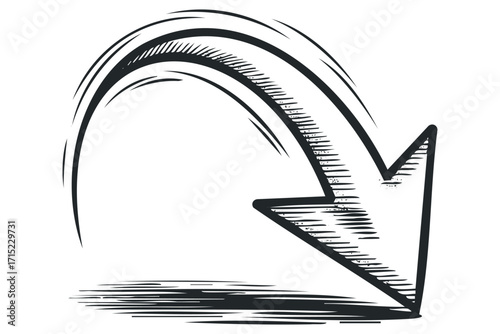 Black and white hand drawn arrow curving downwards on a transparent background. Vector hand drawn