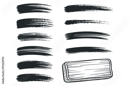 Set of ink brush strokes and textured stamp graphic elements. Vector hand drawn