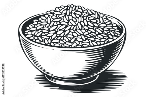 Bowl overflowing with rice. Vector hand drawn