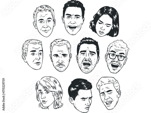 Group of diverse cartoon portraits with varied expressions on transparent background. Vector hand drawn