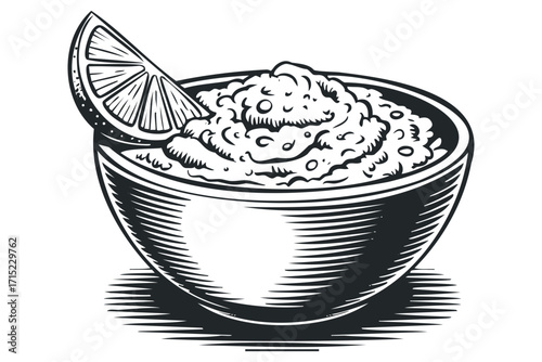 Textured bowl of dip with lemon slice, transparent. Vector hand drawn