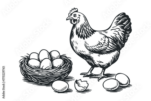 Chicken with eggs in nest on transparent background. Vector hand drawn