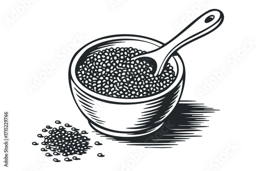 Bowl of caviar with spoon on transparent. Vector hand drawn