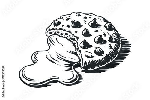 Chocolate chip cookie with melting dough on transparent background. Vector hand drawn