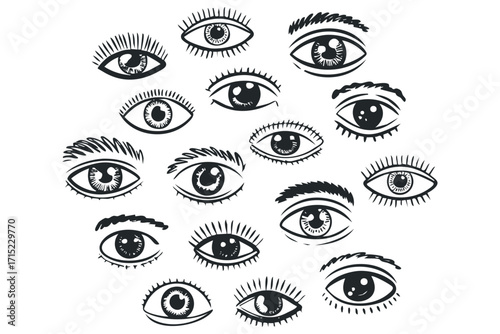 Collection of Hand Drawn Eyes on Transparent Background. Vector hand drawn