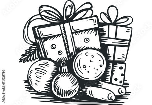 Pile of decorated gifts and Christmas ornaments. Vector hand drawn