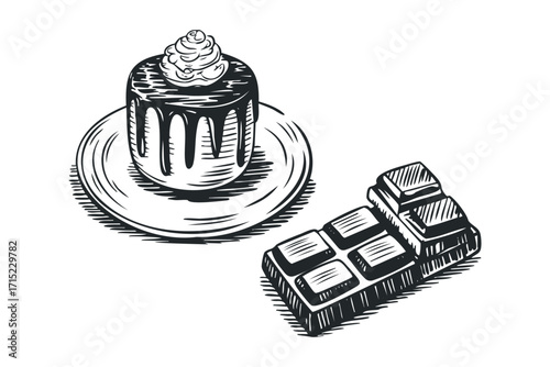 Pencil drawing of chocolate bar and cake with whipped cream on transparent background. Vector hand drawn