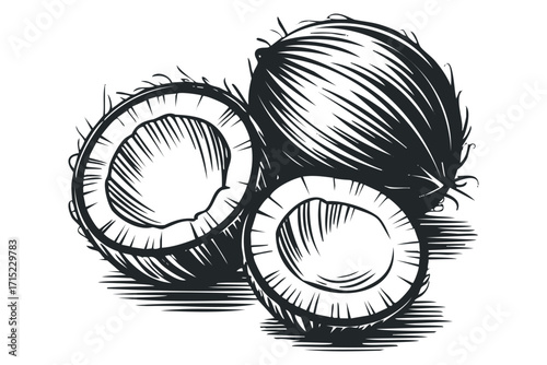 Two whole coconuts and one halved coconut. Vector hand drawn