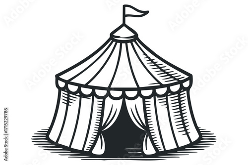Circus tent with flag and open entrance. Vector hand drawn