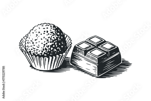 Hand drawn chocolate pieces and truffle. Vector hand drawn
