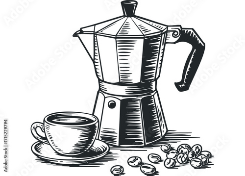 Espresso Maker and Coffee Cup with Beans. Vector hand drawn