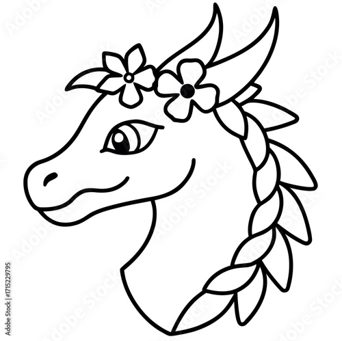 Mythical dragon head adorned with floral wreath