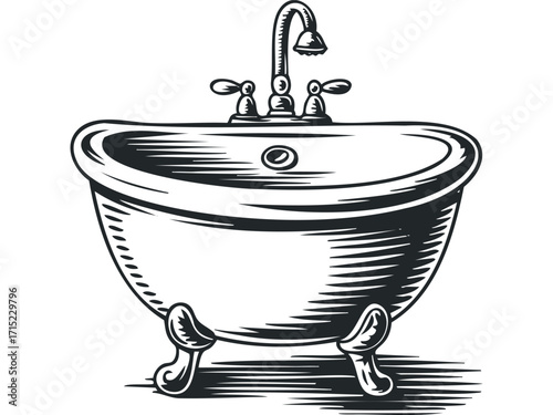 Bathtub with Faucet and Handles Vintage Style. Vector hand drawn