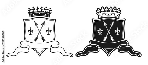 Coat of arms with arrows crosswise, heraldic classic lily, ribbon tape shield and crown. Heraldic crest medieval emblem fantasy kingdom. Coat of arms vector design monochrome black white illustration