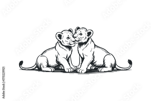 Two cute lion cubs resting together on a white. Vector hand drawn