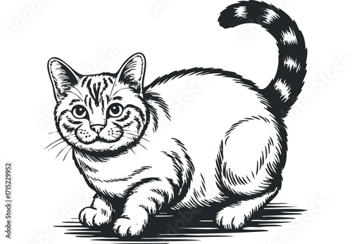 Monochromatic sketch of a tabby cat with a striped tail on a transparent background. Vector hand drawn